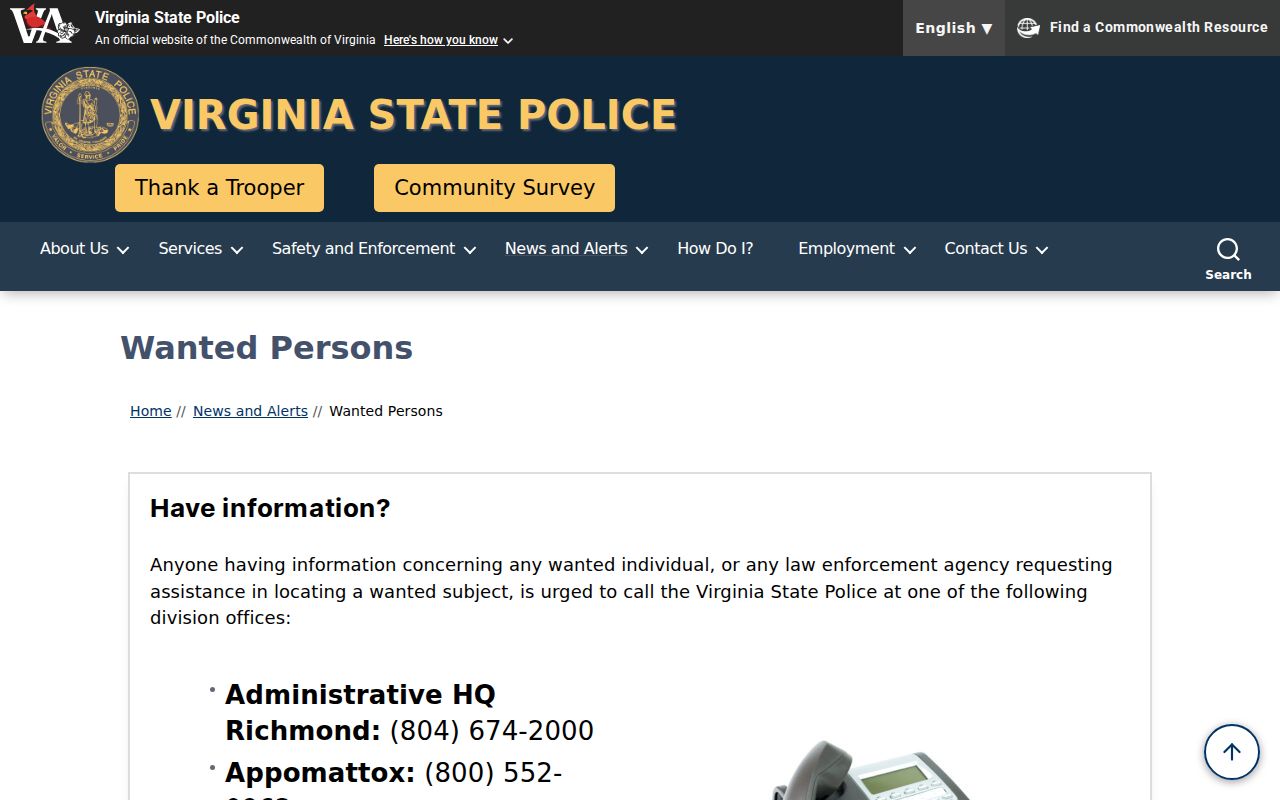Buchanan County most wanted program reference to Virginia State Police